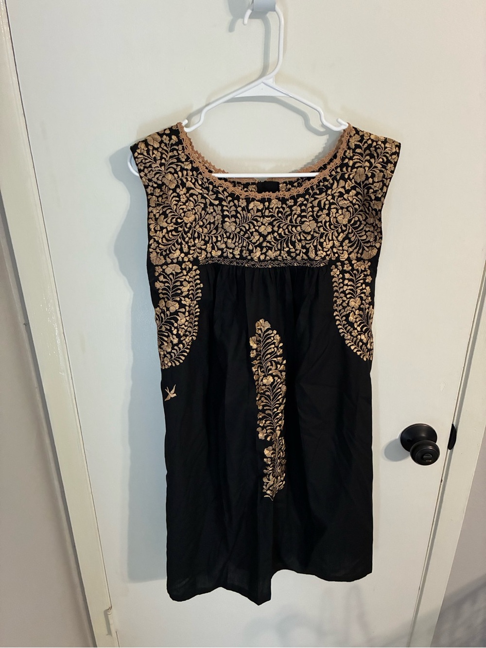 Mi Golondrina Black Dress with Gold Floral Embroidery
